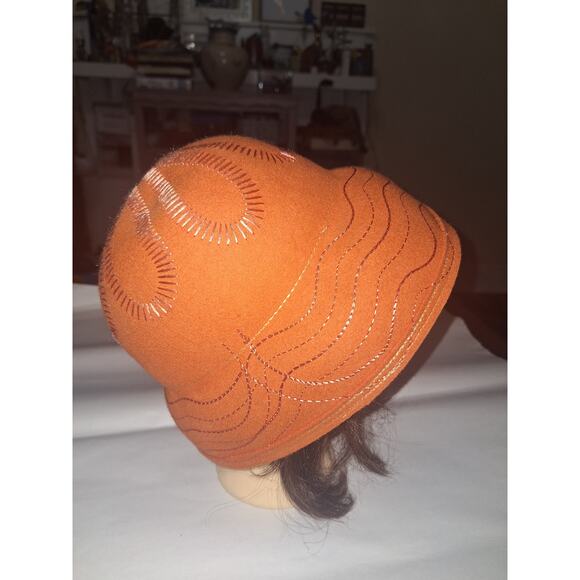 Vintage Union Made 60s 70s Fall Orange Floral Stitched Wool Bucket Style Hat - Picture 2 of 4